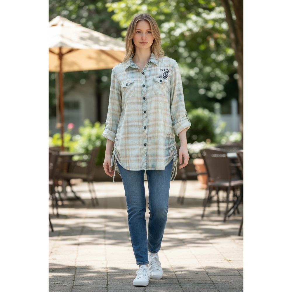 Maurices Plaid Button Down Shirt XL Blue Tan Embroidered Studded Cinched Sides